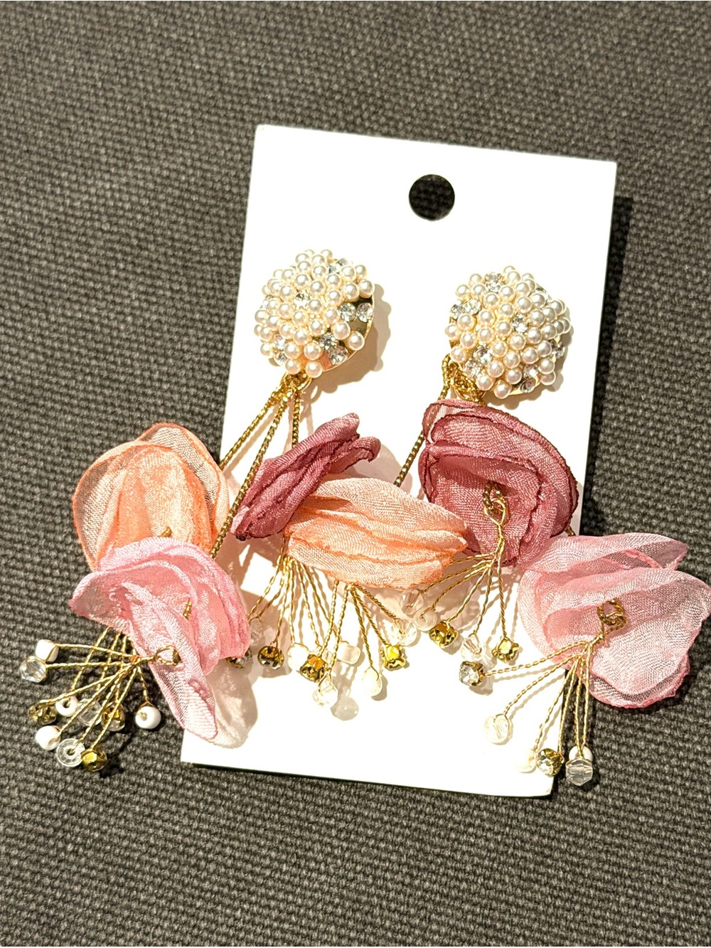 Elegant Pink Fabric Flower Drop Earrings with Pearl Studs